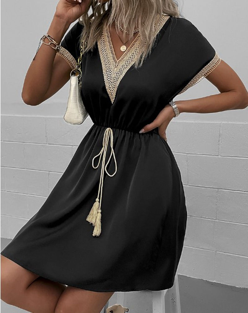 Miniatură: Elegant Women's White Dresses 2023 Summer Solid Short Sleeve Lace V-Neck Waistb
