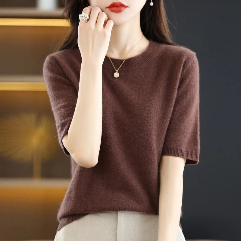 Thumbnail: Spring and Summer New Short-sleeved Women O-neck Slim Wool Cotton Blend Pullove