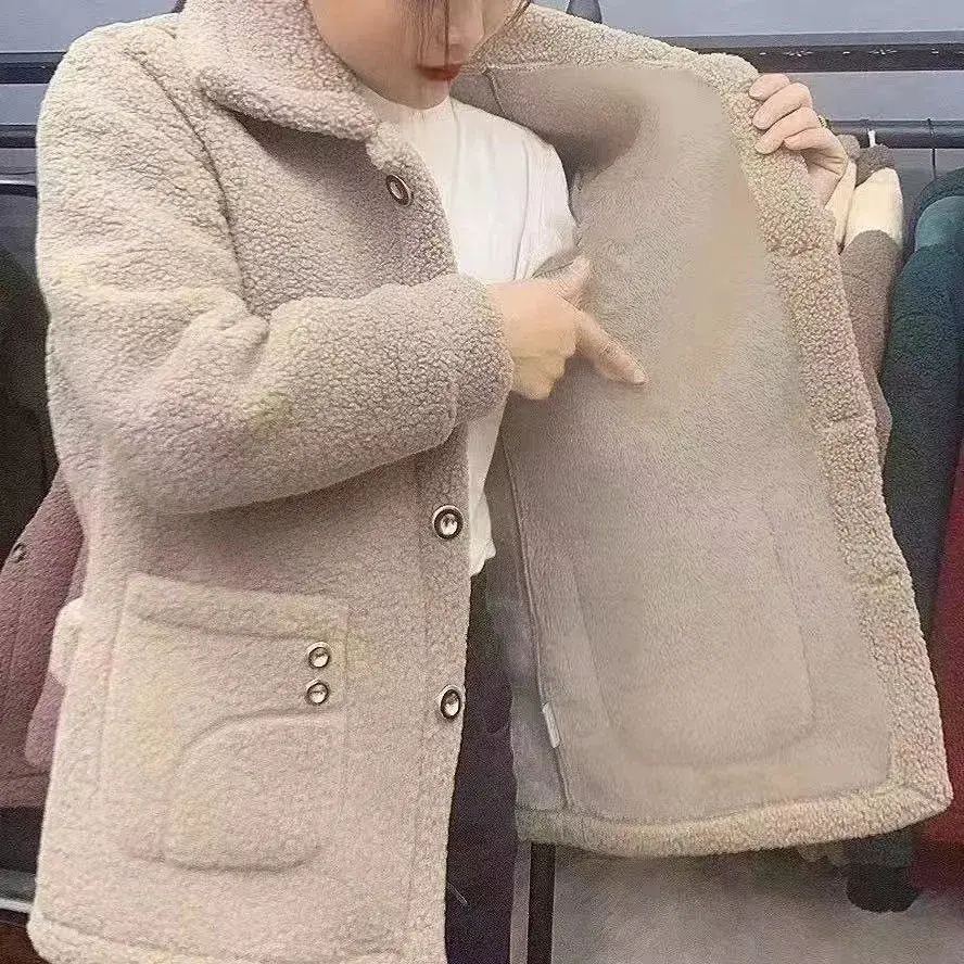 Thumbnail: Clothes Women Overcoat Velvet Thickened Lamb Fleece Long Sleeve Coat Warm Coat 