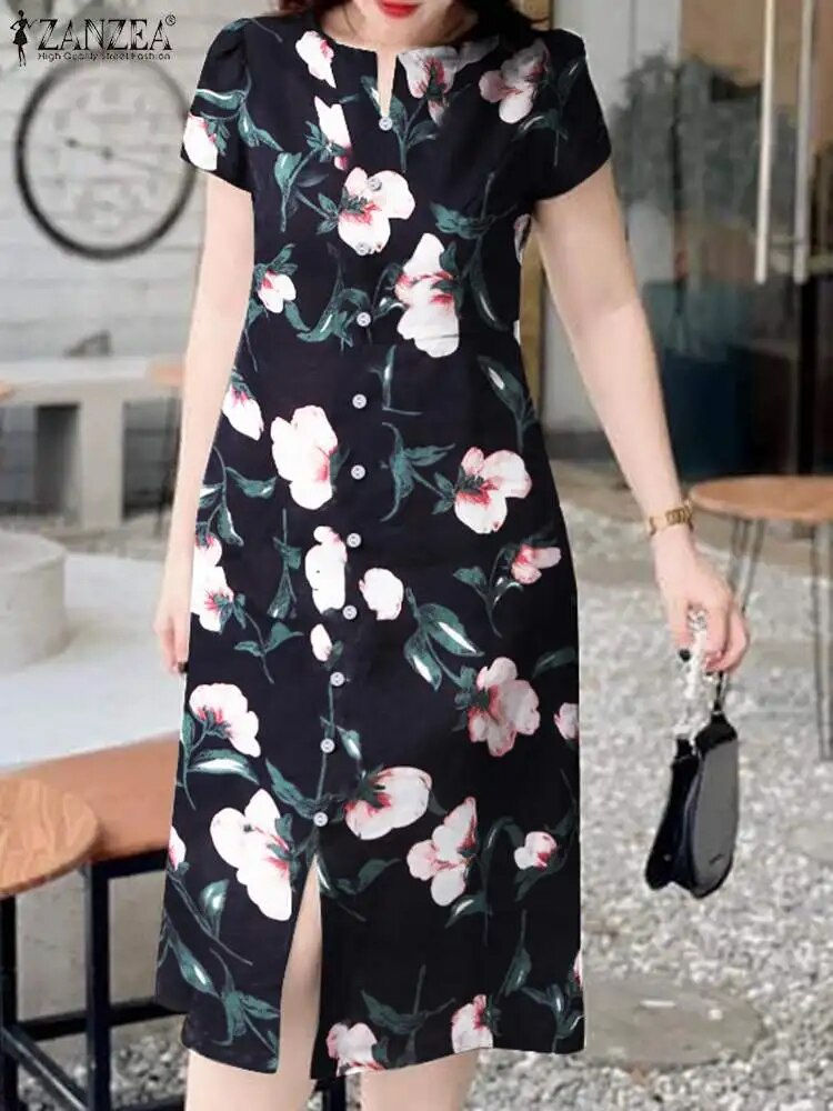 ZANZEA Women Vintage Sundress Fashion Retro Print Midi Dress Buttons 2024 Summe