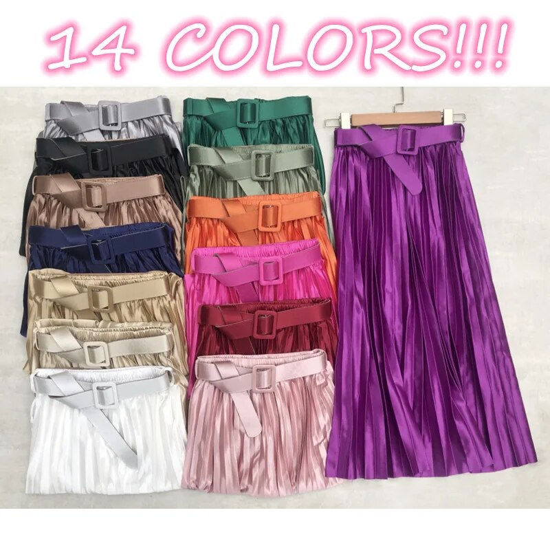 Thumbnail: Seoulish 2023 New Solid Elegant Stain Women's Pleated Skirts with Belted High W