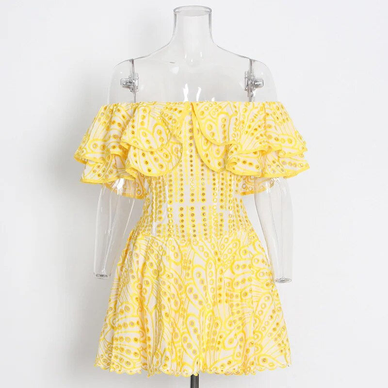 Thumbnail: JAMERARY Women Dress Summer Runway Cut Out Double Layer Ruffles Embroidery Elas
