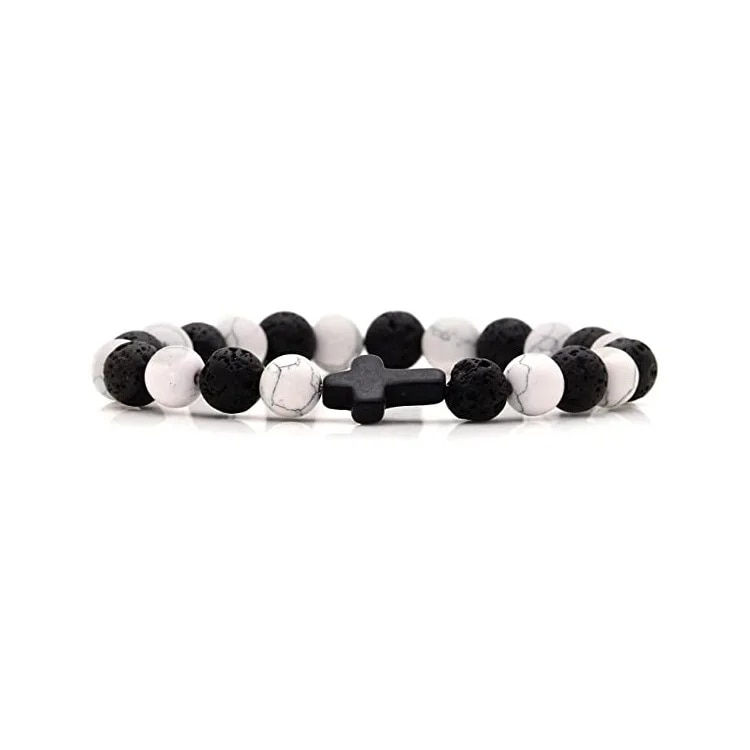 Thumbnail: Men Natural Stone Bead Cross Bracelet Onyx Meditation Bracelet Women Yoga Jewel