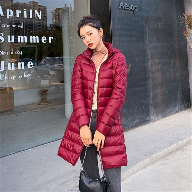 Thumbnail: 2023 Women's Duck Down Coat Thin Medium Hoodie Light Weight Jacket Autumn Fall 