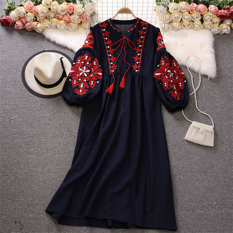 Miniature : EWQ Sweet Style Y2K Women Nice Foreve Dress Embroidery O-neck Bandage Long-slee