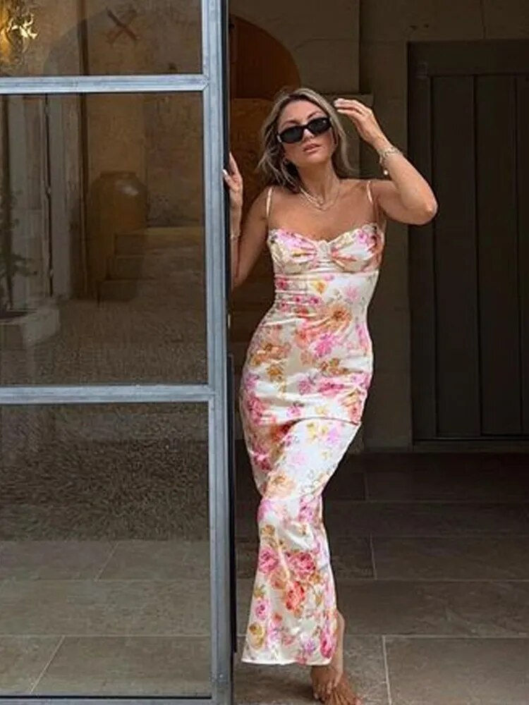 Thumbnail: Suninheart Summer Spaghetti Strap Floral Print Party Dresses Elegant Maxi Bodyc