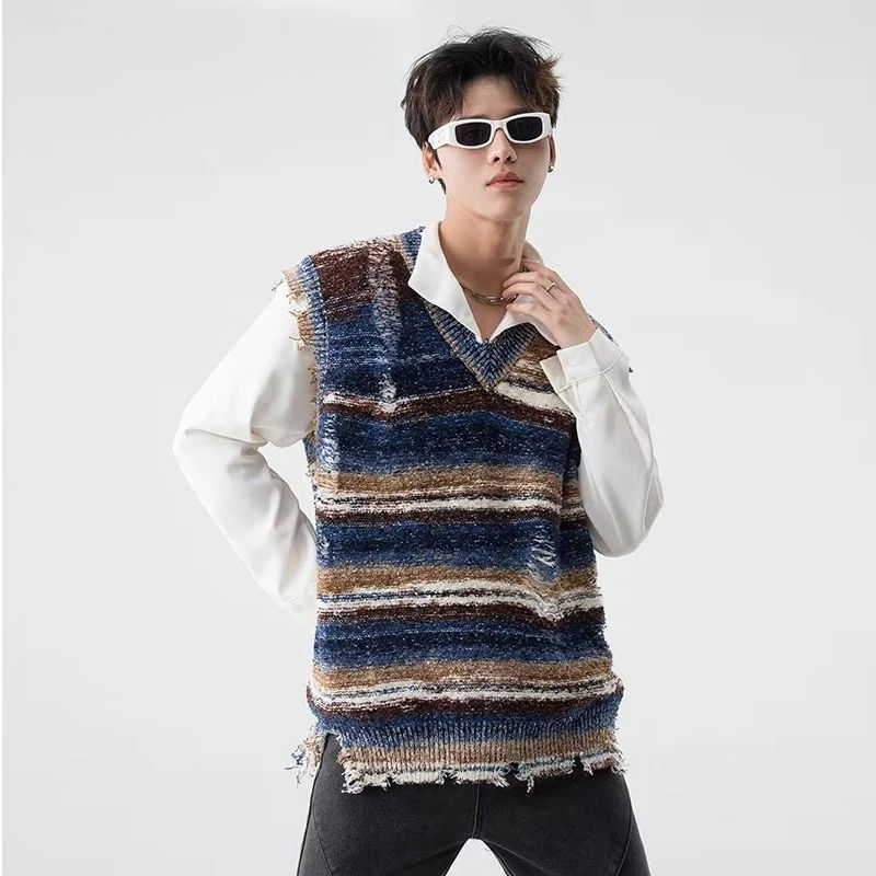 Thumbnail: Vintage Gradient Stripe Baggy Knitted Sweater Y2k Vest Washed Ripped Knitwears