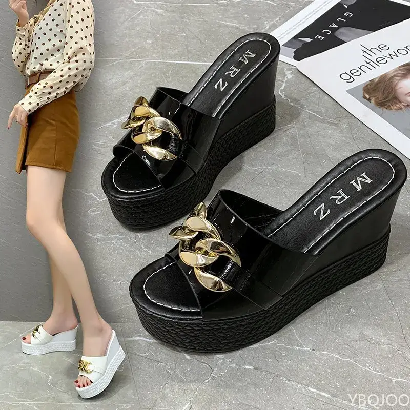 Thumbnail: Chain High Heels Slippers Women Wedding Shoes Summer 2024White Black Platform W