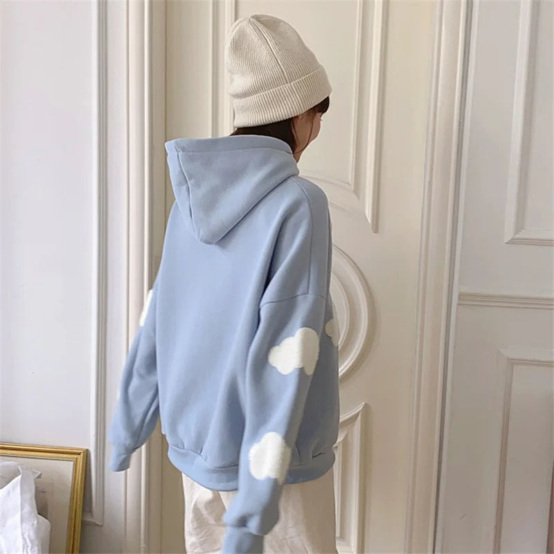 Thumbnail: Autumn Winter Women Blue white cloud Hoodie Thick Warm Female Fleece Hoodies Ov