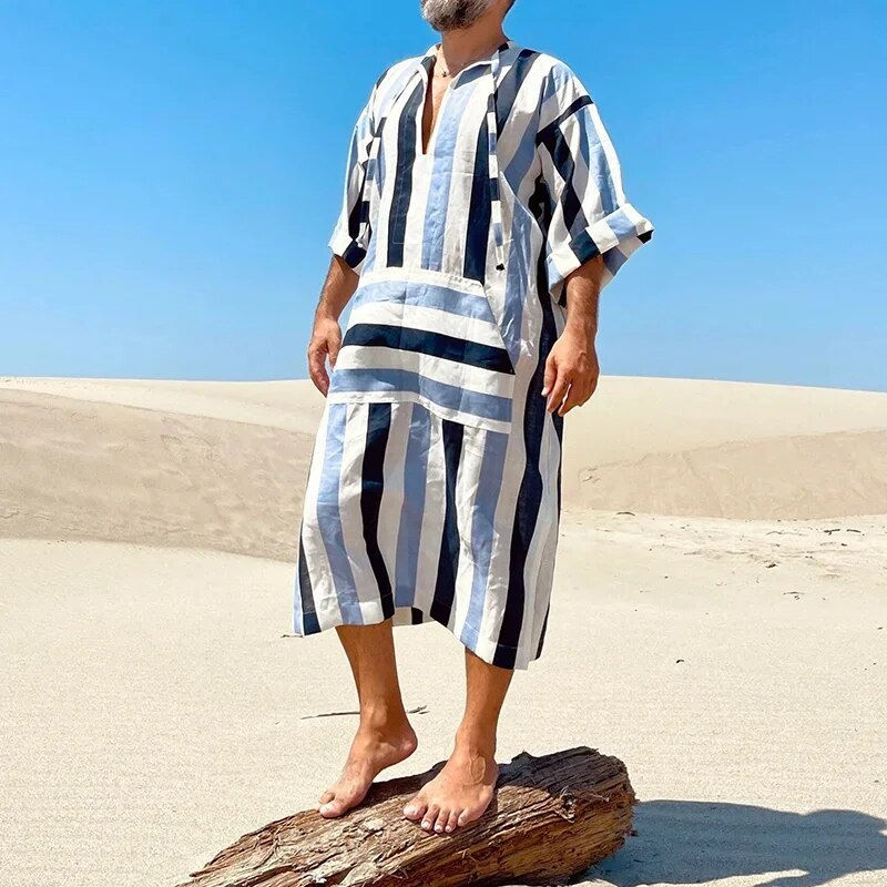 Thumbnail: Men Casual Robe Striped V Neck Loose Slit Robe Clothes Vintage Casual Ethnic St