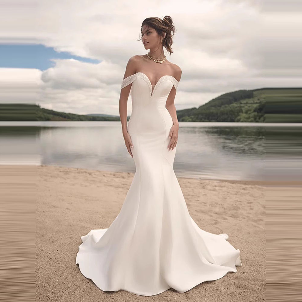 Simple Satin Wedding Dresses For Women beaded Sheath Mermaid Off The Shoulder R