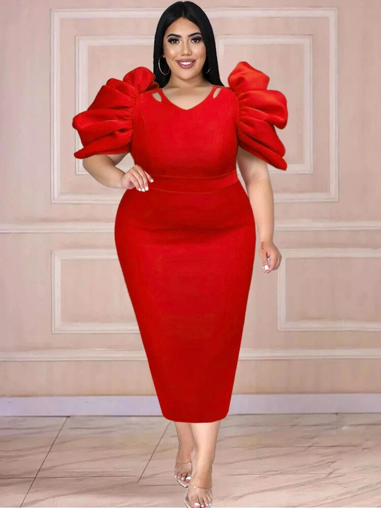 Miniatură: Plus Size 4XL Red Party Dresses Women Pleated Short Sleeves Midi Stylish High W