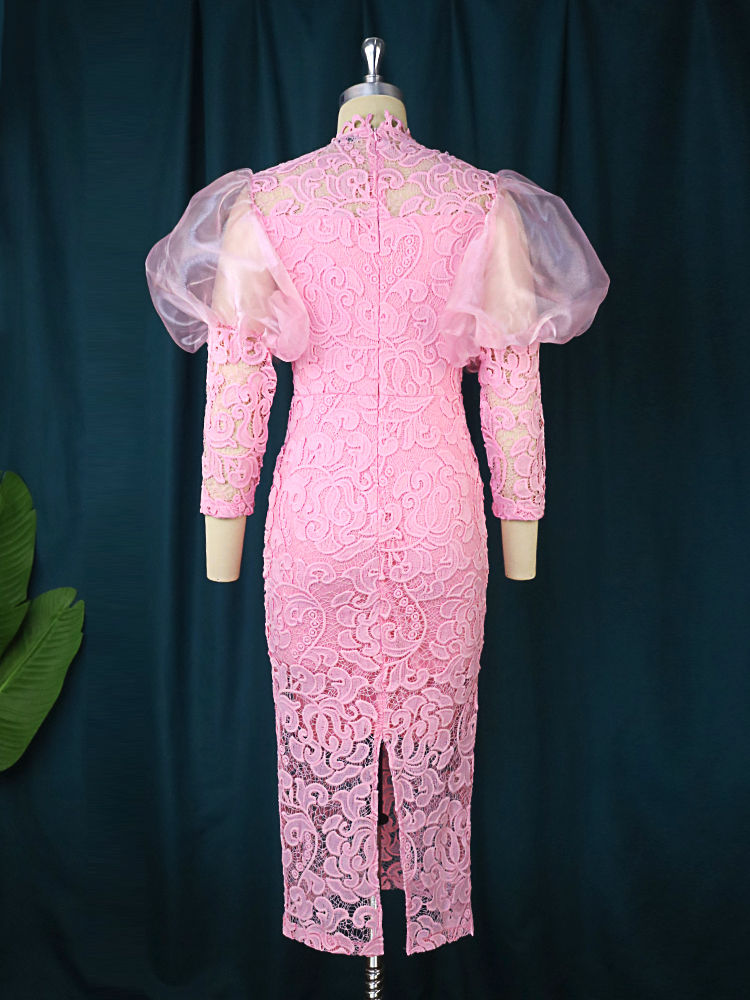 Thumbnail: Plus Size Lace Dresses for Women Party Bodycon Flora Puffy Long Sleeve Crew Nec