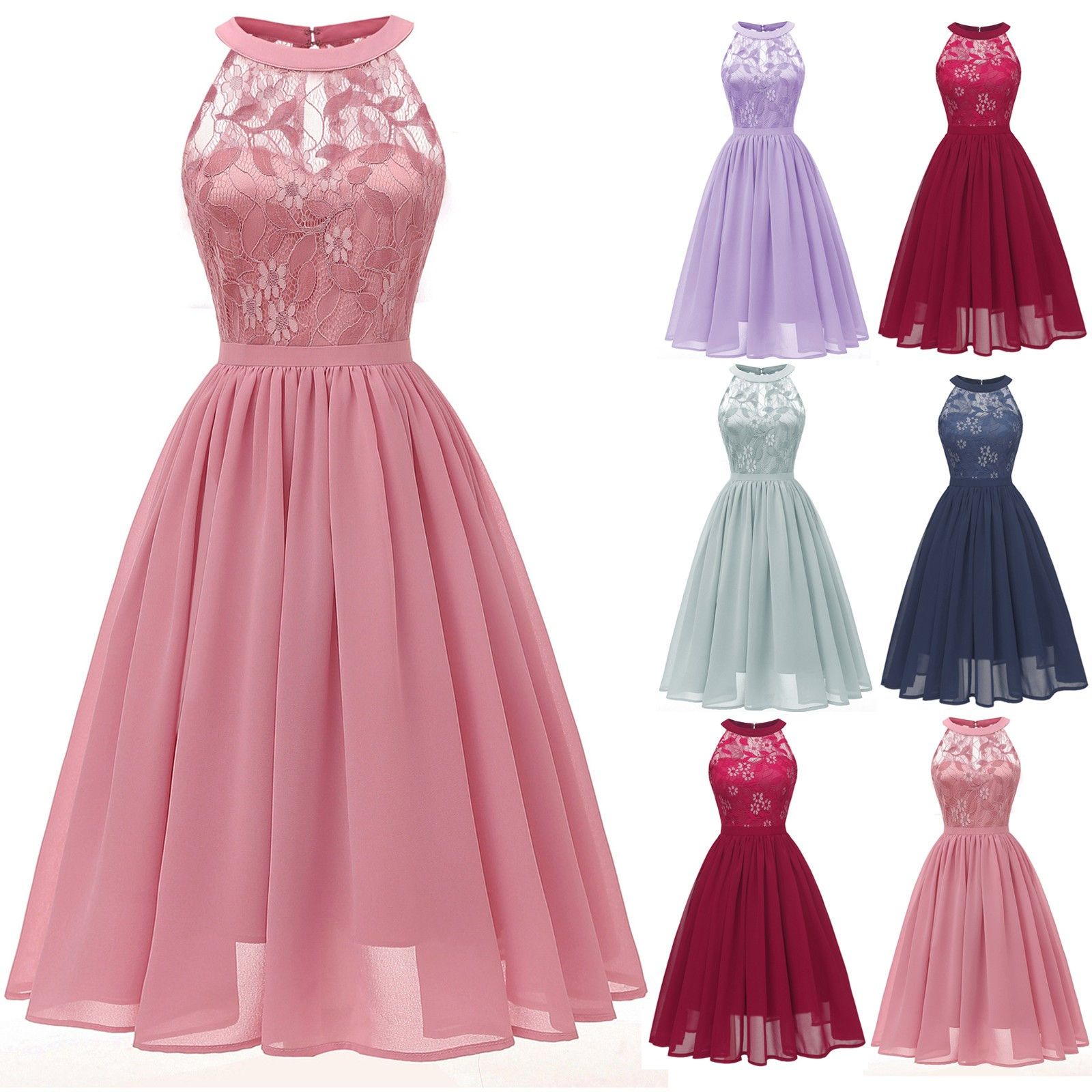 Elegant formal cocktail lace patchwork chiffon wedding guest dress 2023 summer 