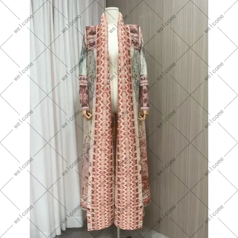 Miniatura: Miyake Pleated Vintage Printed Turn-down Collar Long Sleeve Mix Women Coat Woma