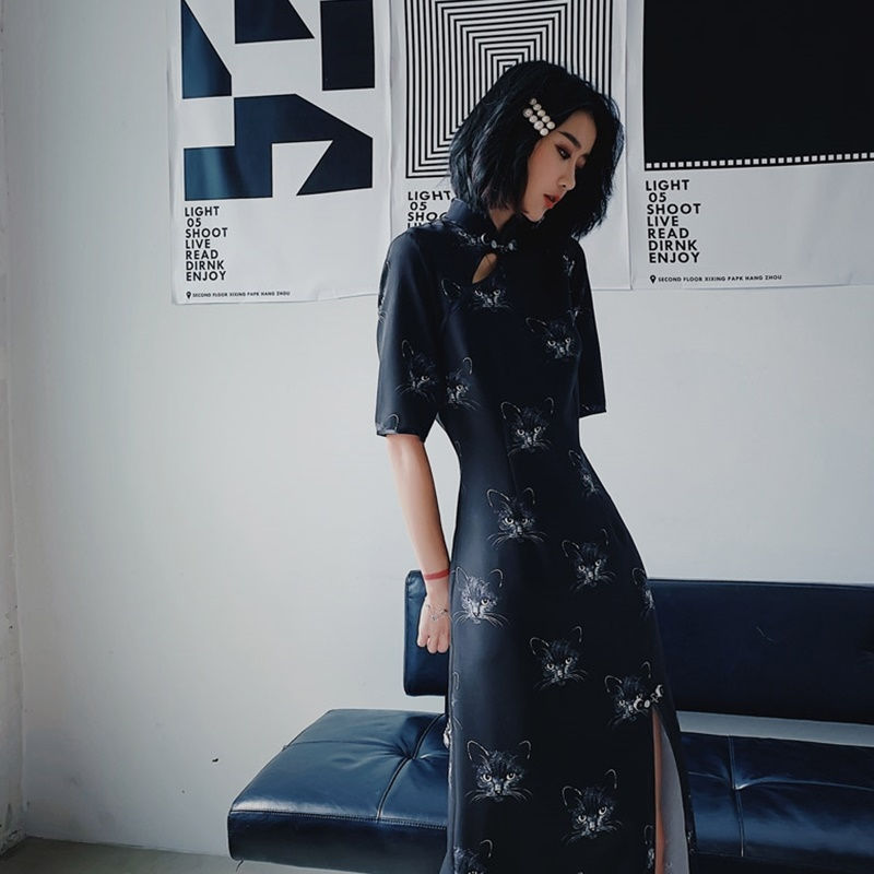 Thumbnail: Asian Streetwear Japanese Robe Midi Long Cheongsam Oriental Vestido Elegant Chi