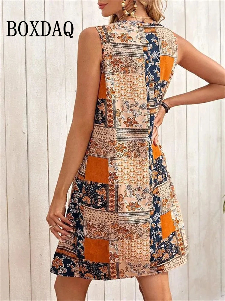 Thumbnail: Ethnic Style Women Sleeveless Geometry Plaid Print Dress Summer Plus Size Loose