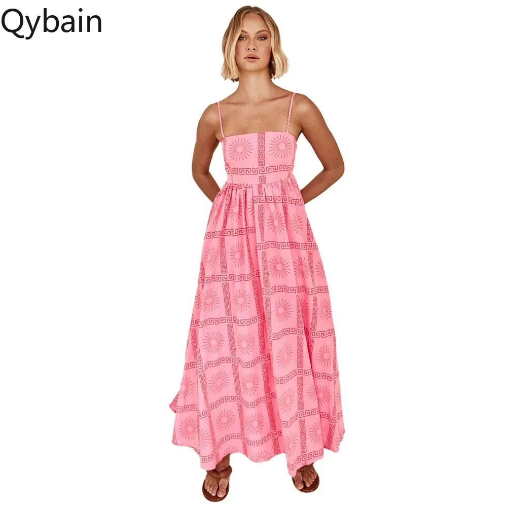 Qybian Hollow Out Back Strappy Printed Dress Bohemian Y2k Boho Dress Casual Str