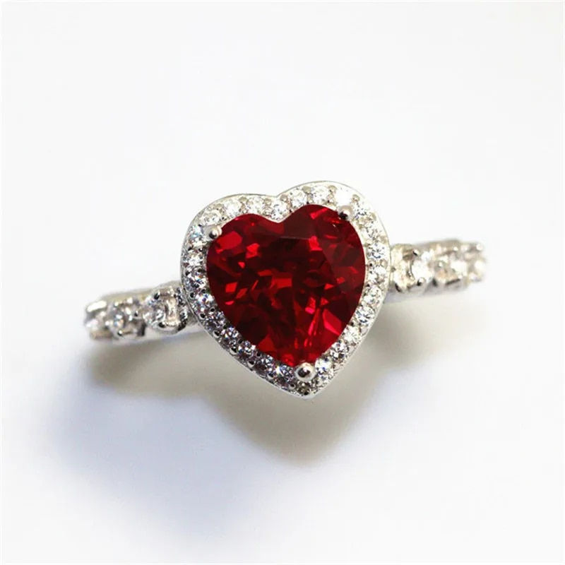 Thumbnail: CC Wedding Rings For Women Silver Color Engagement Ring Red Heart Cubic Zirconi