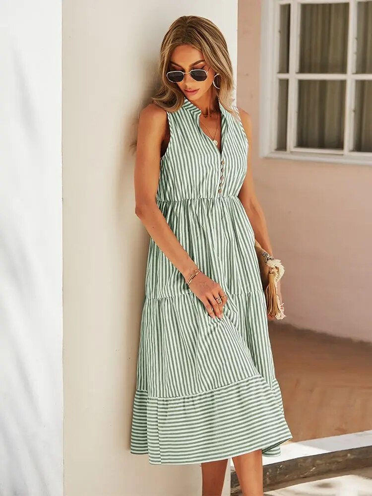 Miniatura: Ladies Vintage Boho Summer Dress Women Sleeveless Casual Holiday Striped Shirt