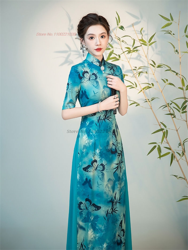 Thumbnail: 2024 chinese improved qipao dress national flower print vietnam ao dai dress el