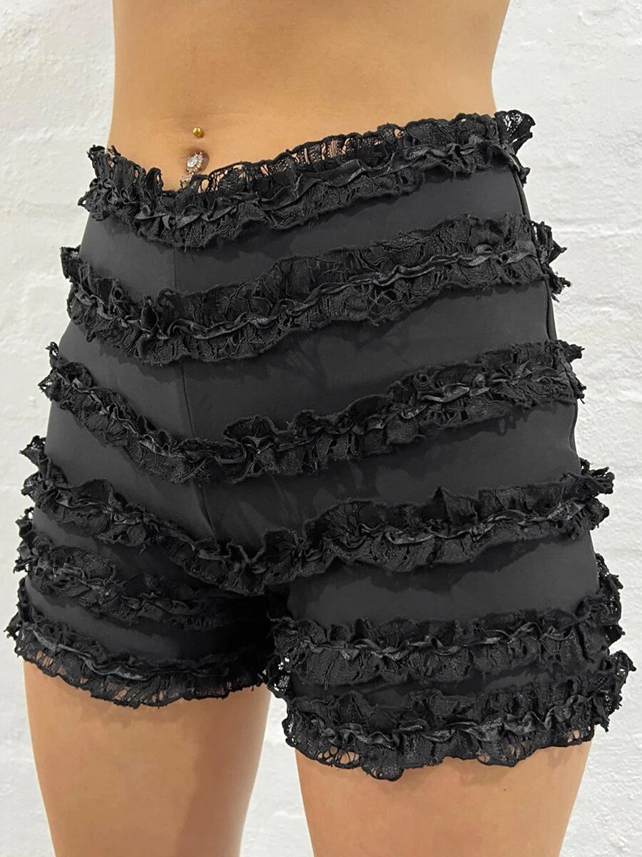 Thumbnail: Women Y2k Cute Shorts Lace Layered Bodycon Bottoms Ruffles Frill Lace Crochet M