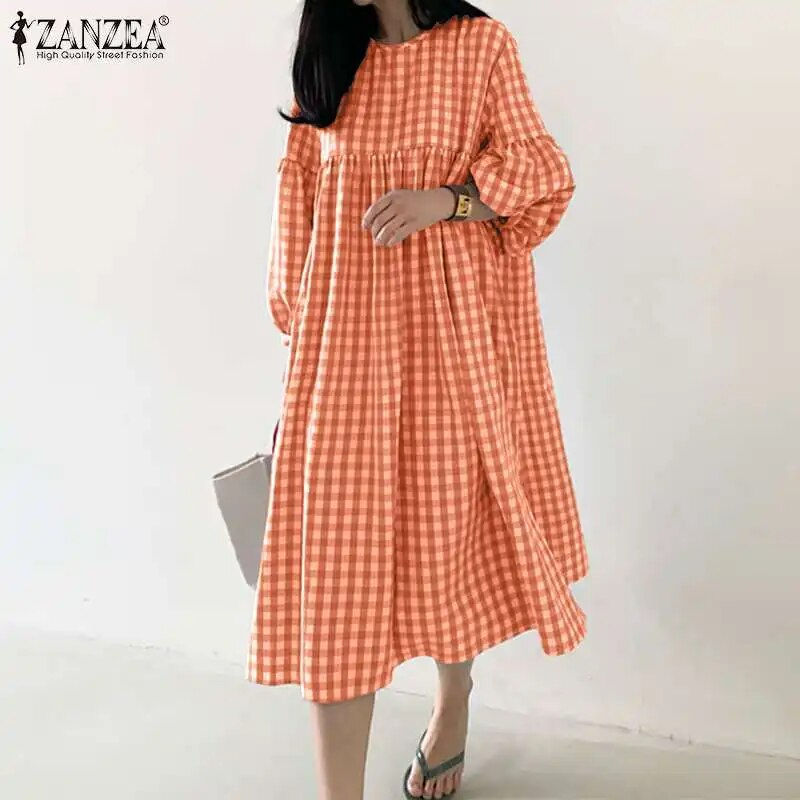 Indexkép: Women's Check Dress 2023 ZANZEA Vintage Autumn Dress Casual Puff Sleeve Midi Ve