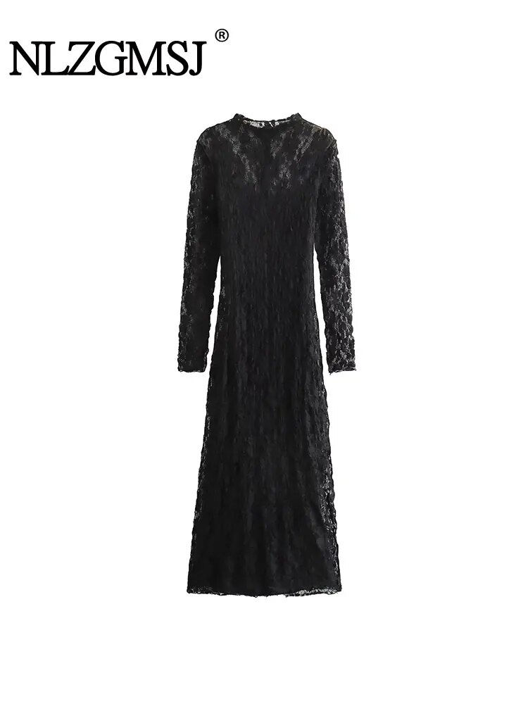 Miniaturbild: TRAF 2024 Autumn Lace Embellished Long Party Dresses for Women Black Elegant Lu