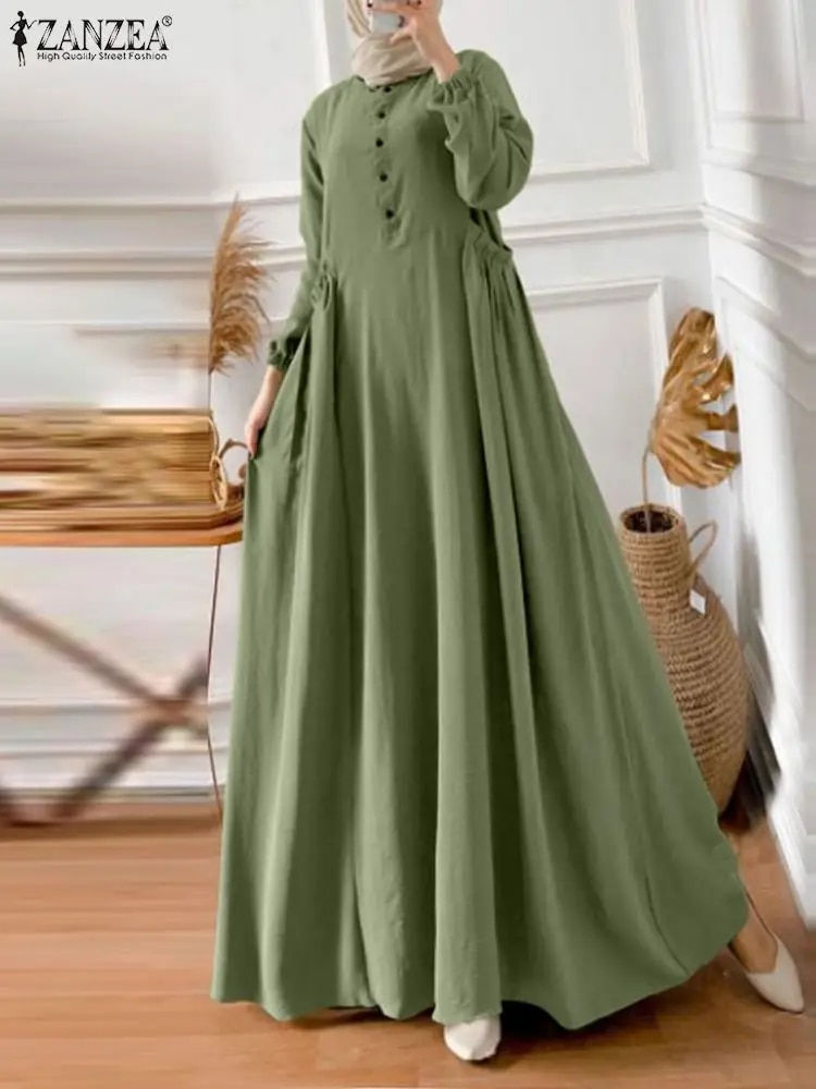 Miniaturbild: ZANZEA Fashion Eid Mubarek Ramadan Turkey Dress Women Long Sleeve Solid Muslim