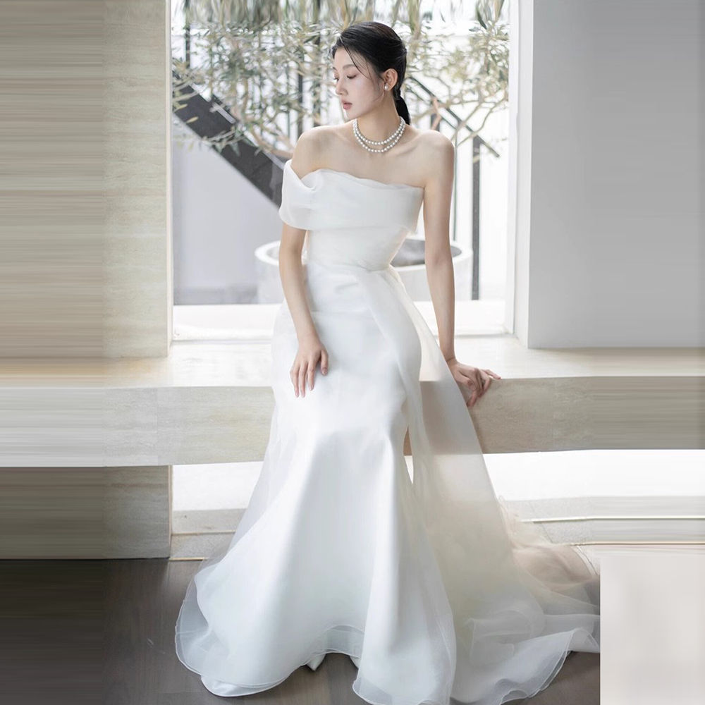 Mermaid Satin Wedding Dress strapless one-shoulder Short-Sleeve Plus Size For W