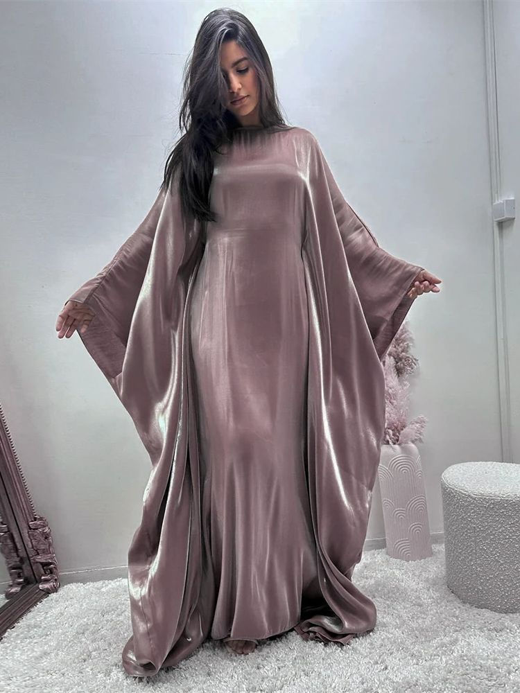 Thumbnail: Batwing Butterfly Sleeve Satin Khimar Abaya Dubai Muslim Maxi Dress Kaftan Abay