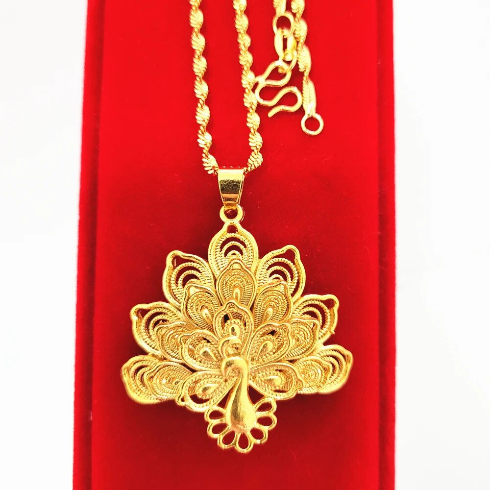 Charm Necklaces For Women 24K Yellow Gold Color Peacock Pendant Necklace Chain