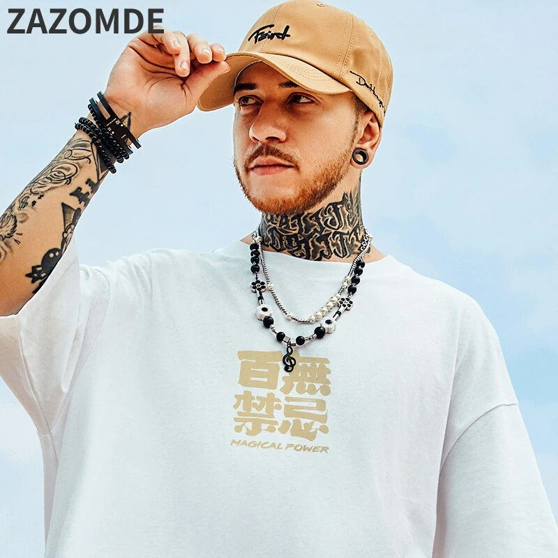 ภาพขนาดย่อ: ZAZOMDE Men Streetwear Chinese Character Tshirt Graphic T-Shirt Cotton 2023 Har