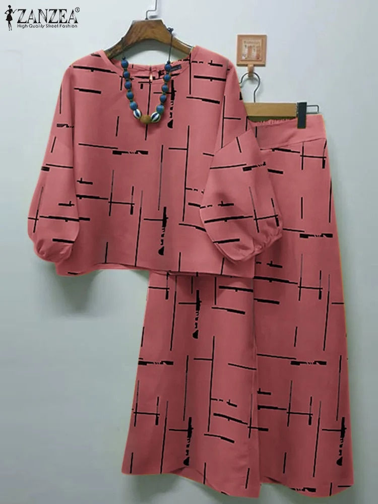 Thumbnail: ZANZEA Women Vintage 3/4 Sleeve Blouse Wide Leg Pants Suits Casual Work Tracksu