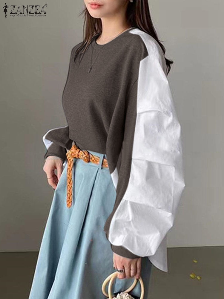Miniatúra: ZANZEA Women Fashion Sweatshirts 2023 Color Patchwork Autumn O-Neck Long Sleeve