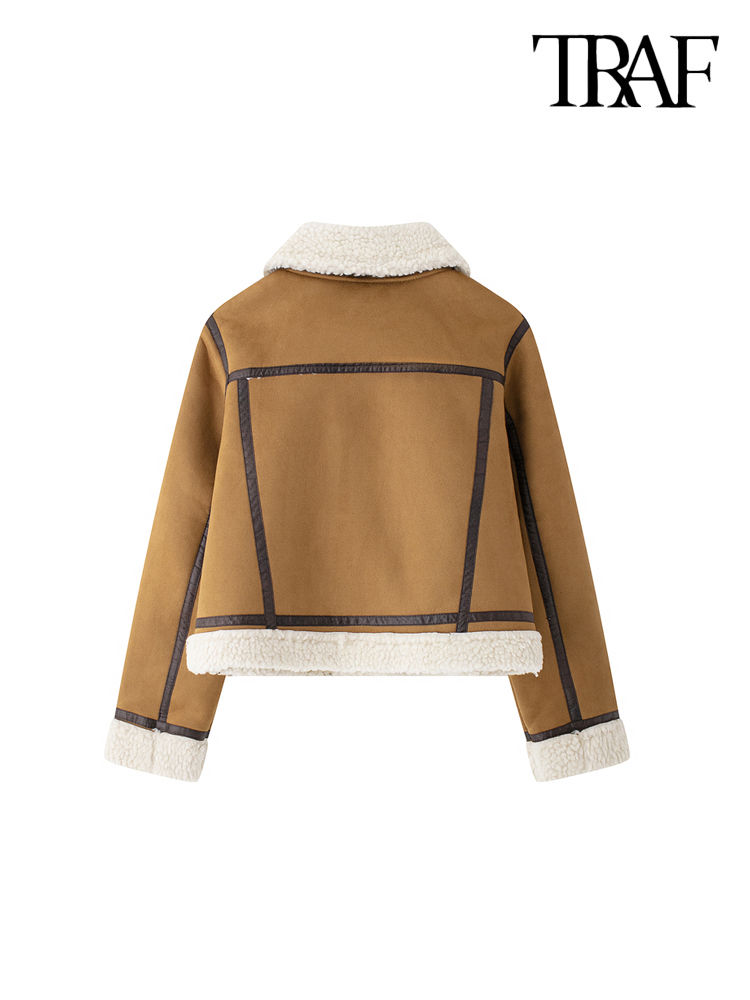 Thumbnail: TRAF-Women's Thick Suede Jacket, Warm Winter Coat, Long Sleeve, Faux Leather, F