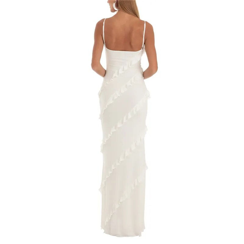 Miniaturebillede: Women's Ruffle Tiered Slip Dress Elegant Summer Fitted Bodycon Long Dress White