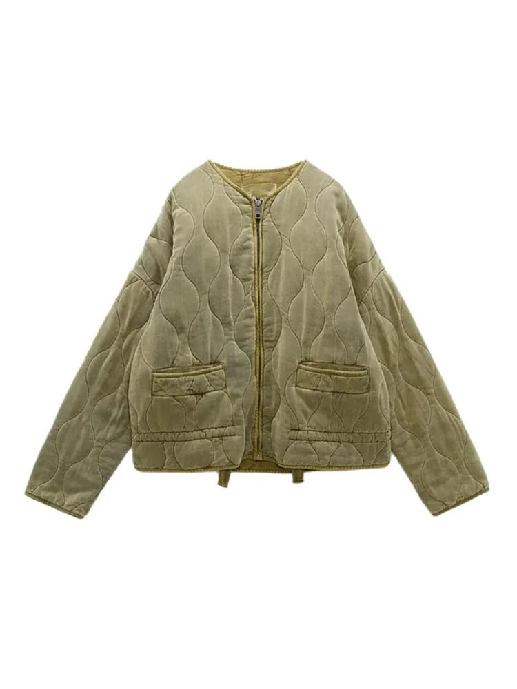 Thumbnail: TRAF Women's Diamond Check Cotton Jacket Round Neck Loose Long Sleeve Zip Cotto
