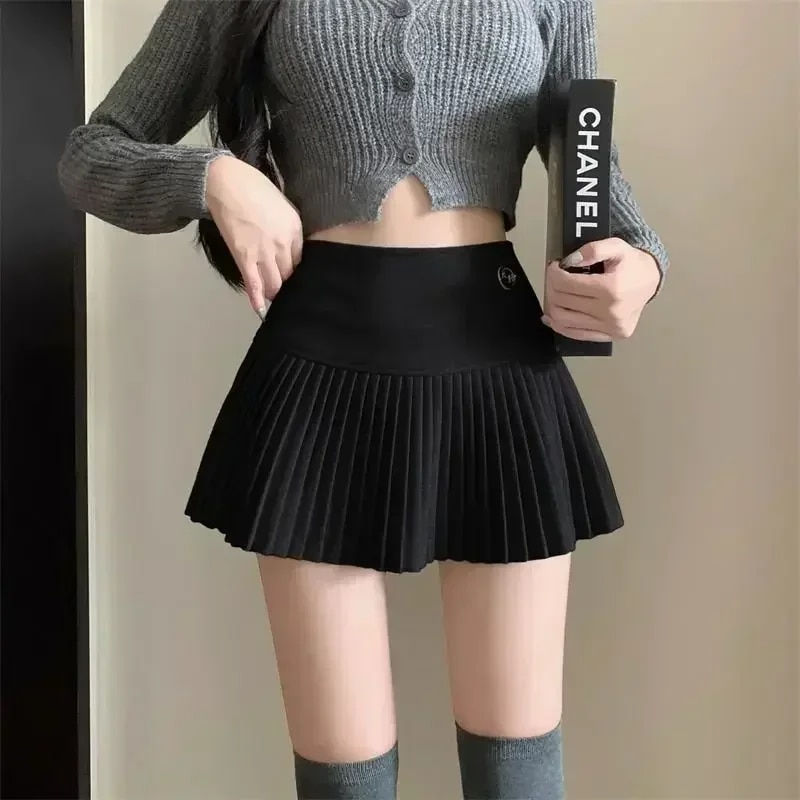 Thumbnail: HOUZHOU Woolen Pleated Skirt Women Korean Cute Cute High Waist A-line Patchwork
