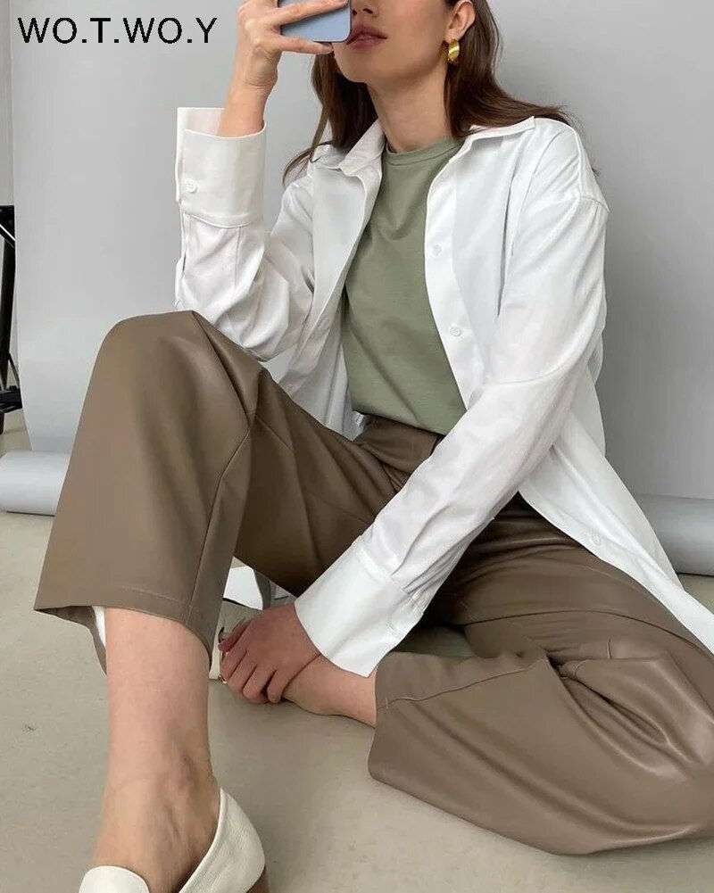 Thumbnail: WOTWOY 2024 Autumn Winter Loose Straight Leather Pants Women High Waisted Faux