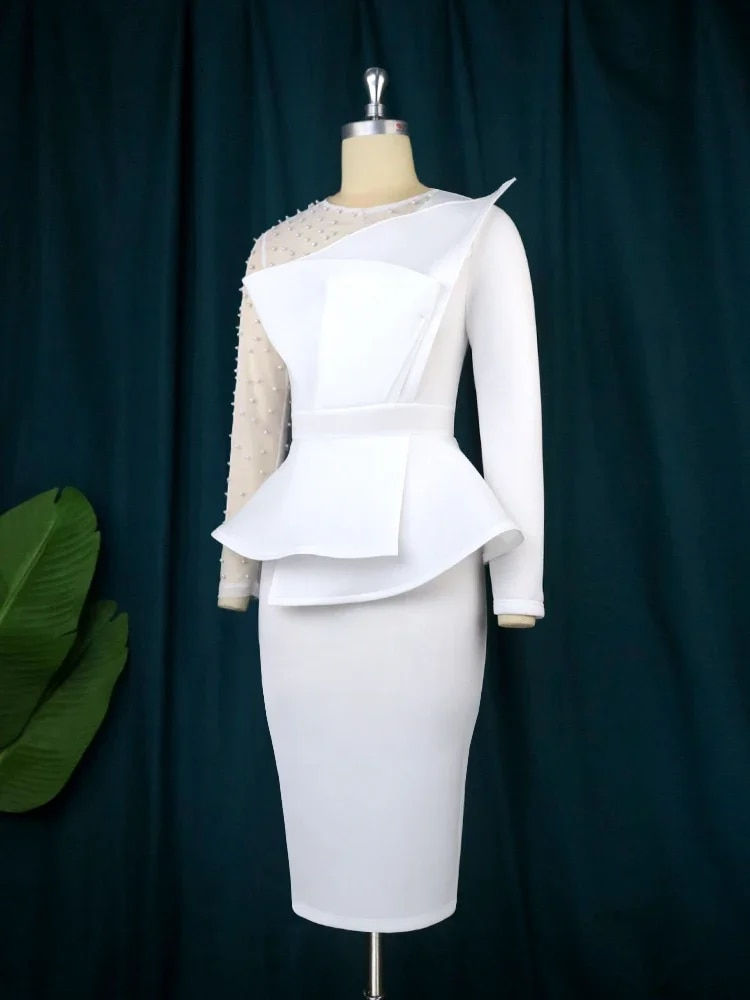 Miniaturbild: ONTINVA White Dresses for Women Plus Size Beading Patchwork Long Sleeve Peplum