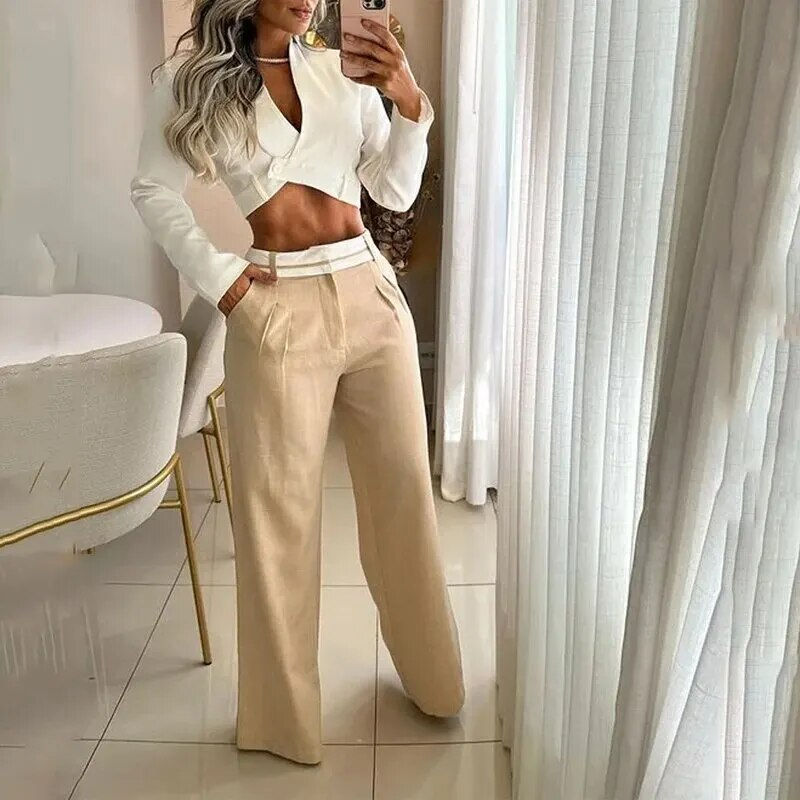 Thumbnail: Autumn Women Two Piece Set Office Fashion Solid Long Sleeve Lapel High Waist Sh