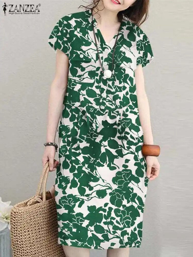 Thumbnail: ZANZEA Summer Short Sleeve Solid Knee-length Dress Fashion Women V Neck Casual