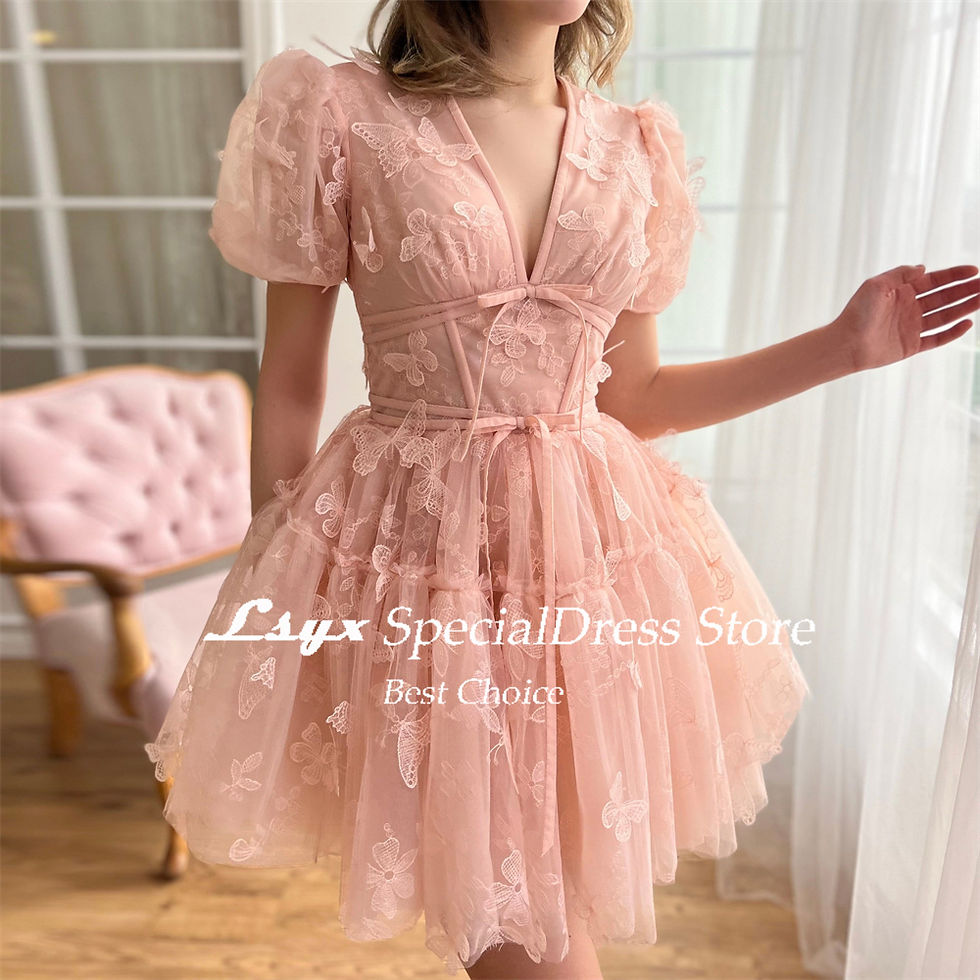 Miniatura: LSYX Above Knee Short Sleeves Butterflies Homecoming Dresses 2024 Tulle V Neck 