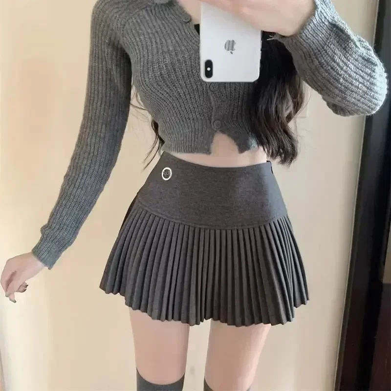 Thumbnail: HOUZHOU Woolen Pleated Skirt Women Korean Cute Cute High Waist A-line Patchwork