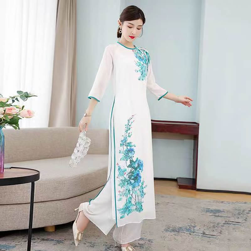 Thumbnail: Spring Summer Ao Dai Cheongsam Folk Style Vietnam Chiffon Aodai Graceful Elegan