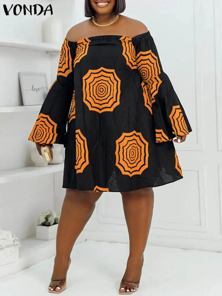 Plus Size VONDA Women Summer Off Shoulder Dress Bohemian Floral Printed Mini Ve
