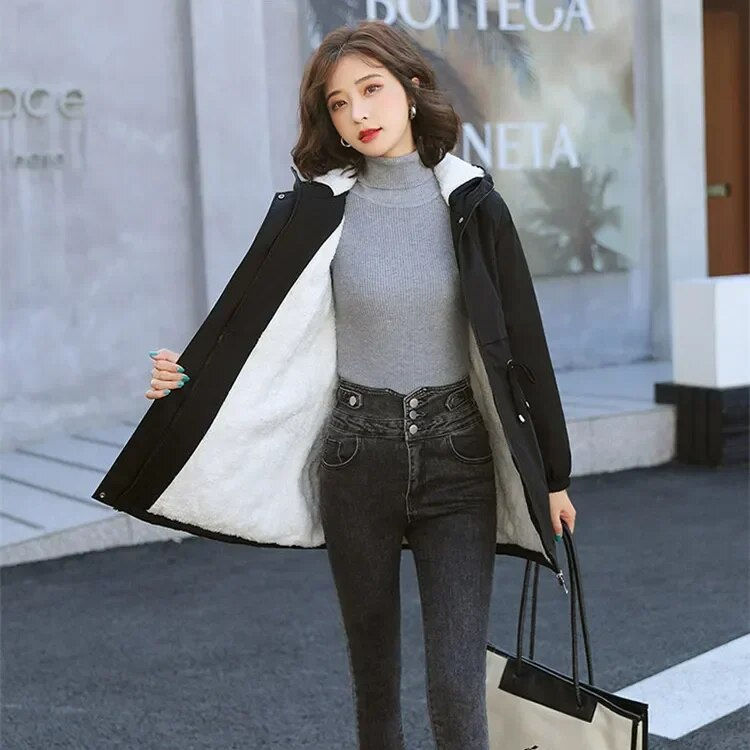 Thumbnail: Winter Mid-length Hooded Fleece Lined Coat Women Warm Parka Thicken Outwear Cas