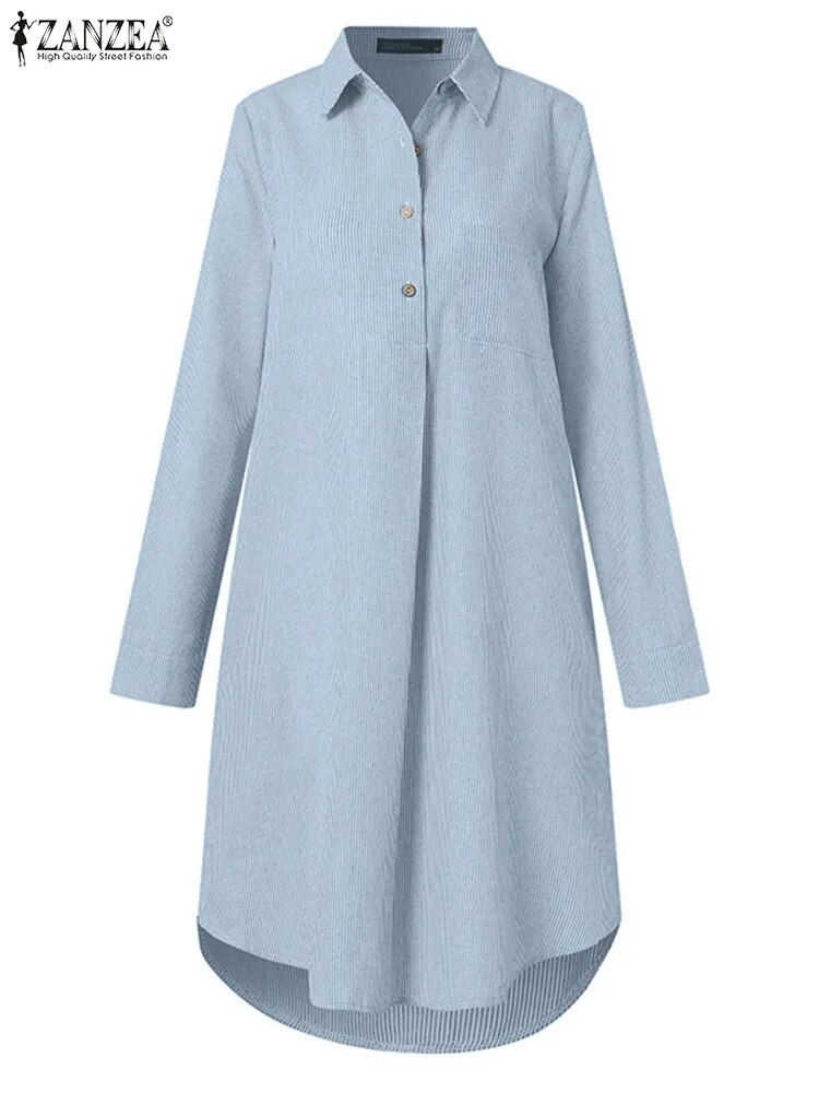 Miniatyrbild: ZANZEA Women Lapel Long Sleeve Dresses Striped Printed Elegant Dress Button Boh