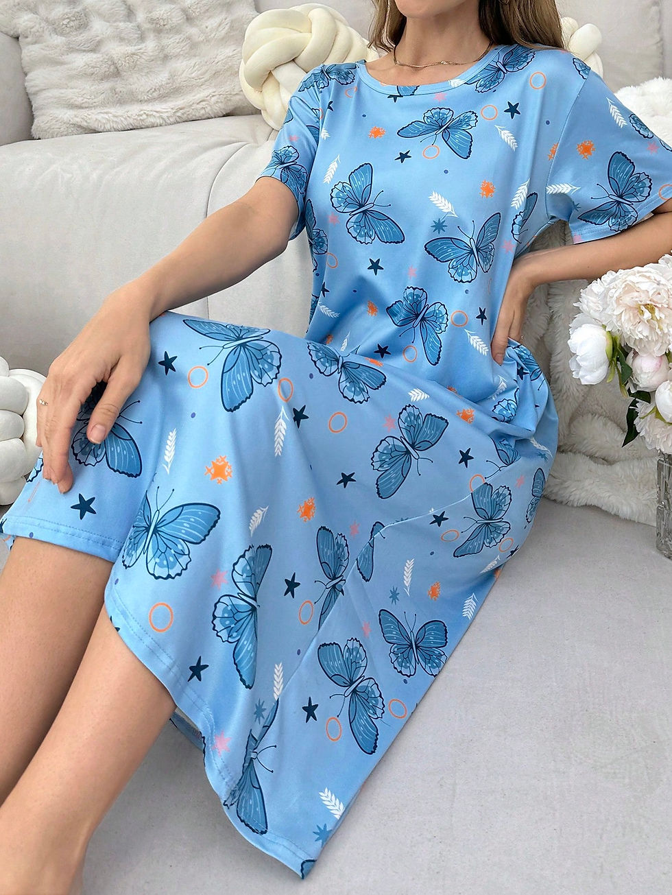 Thumbnail: Ladies' Stylish Summer Loose And Comfortable Long Butterfly Printed Pajama Nigh